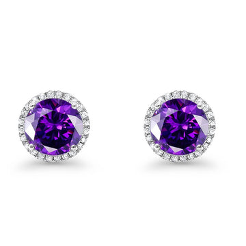 Halo Wedding Simulated Amethyst CZ 925 Sterling Silver Stud Earrings 8mm